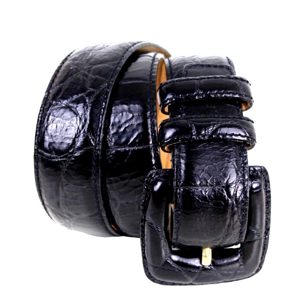 VTG WCM NY CROCO PRINT BLACK GENUINE LEATHER 1 1/8"Wd DRESS CASUAL BELT S (*56